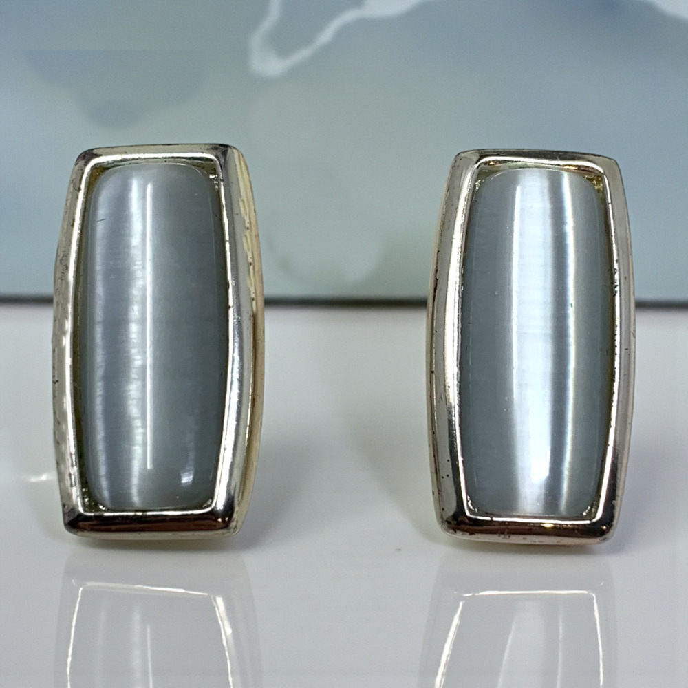 Vintage Carolee Earrings Silver-Tone Petite Faux Moonstone Modernist Clip On